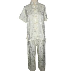 Asian 100% Silk Pajama Set Women 4XL Cream Bamboo Frog Button Mandarin Collar M